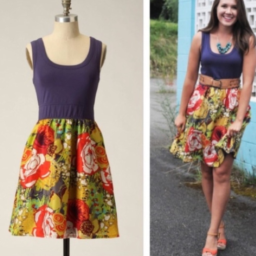 Sleeveless Purple Bodice Floral Skirt Dress